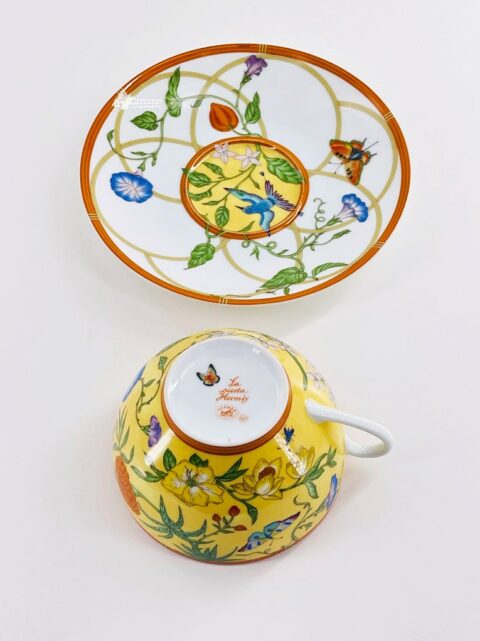 Rare Paire Tasse à Déjeuner En Porcelaine De Limoges Maison Hermès Modèle Siesta Dans De 7438