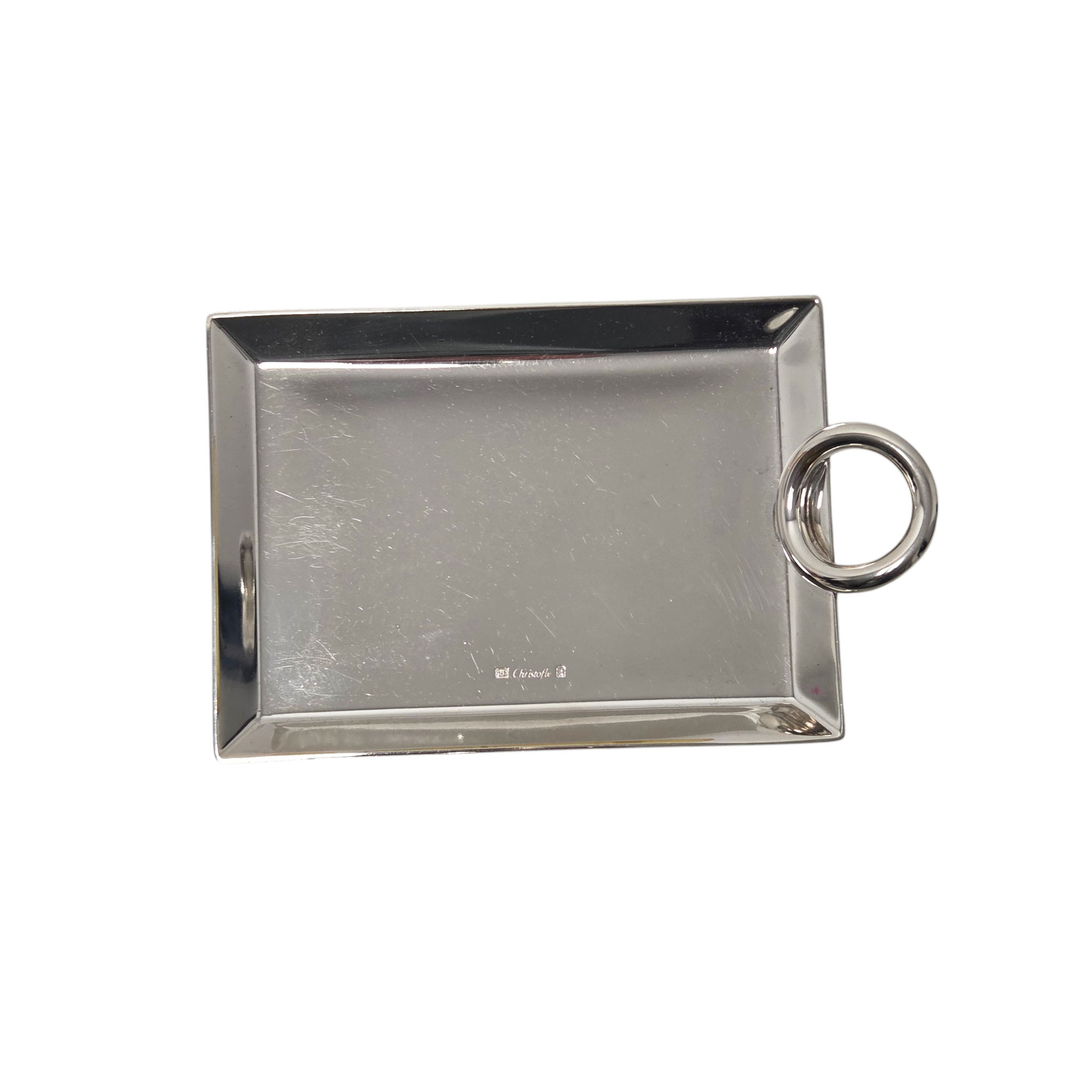 Petit plateau rectangulaire à cartes de visite, en métal argenté, orfèvre Christofle, modèle Vertigo.
